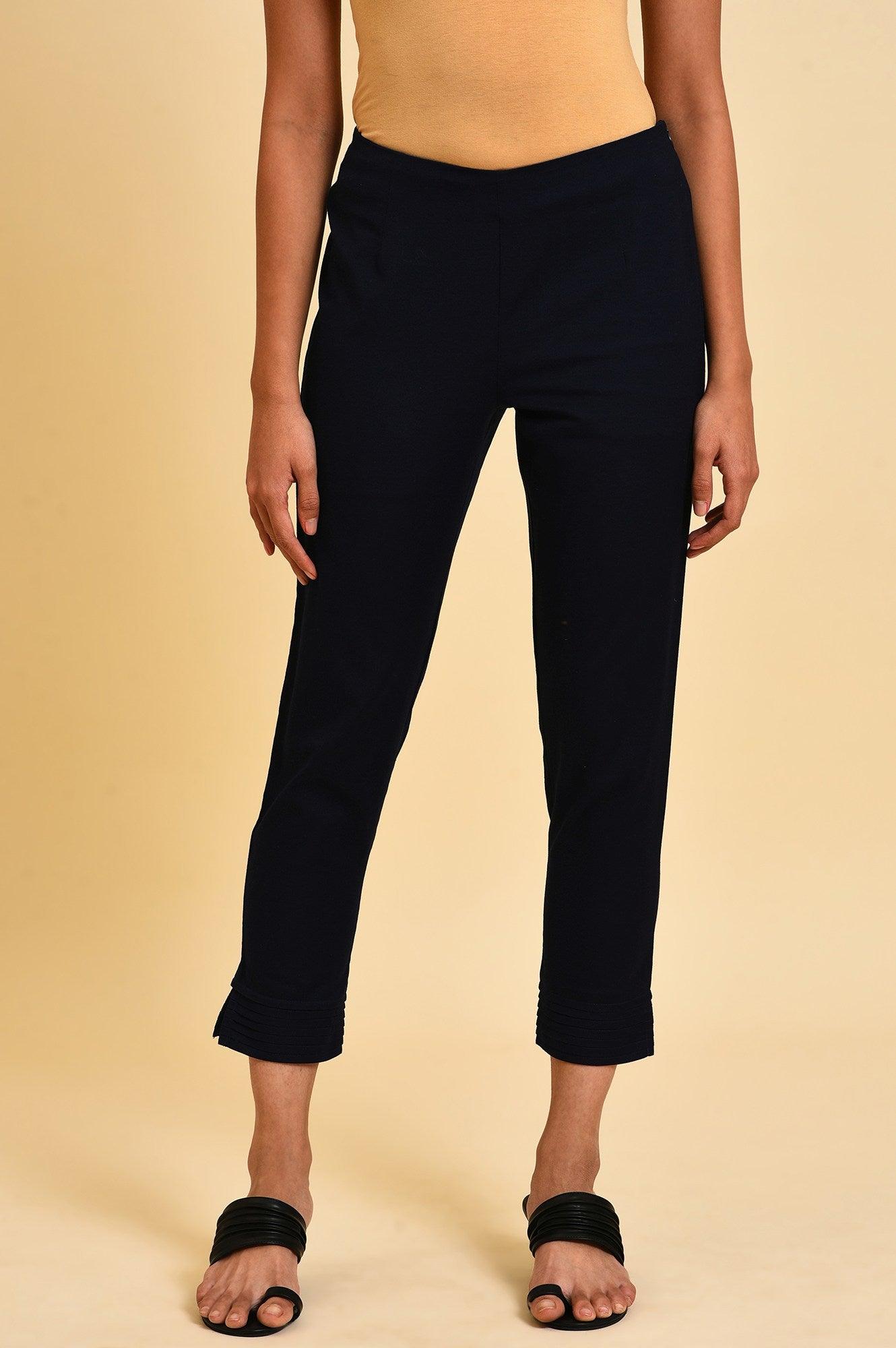 Blue Slim Pants With Pleats At Hemline