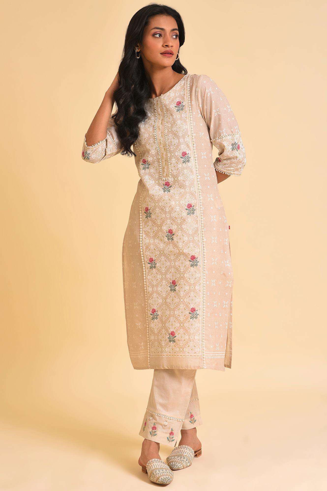 Beige Glitter Printed kurta & Pants Set