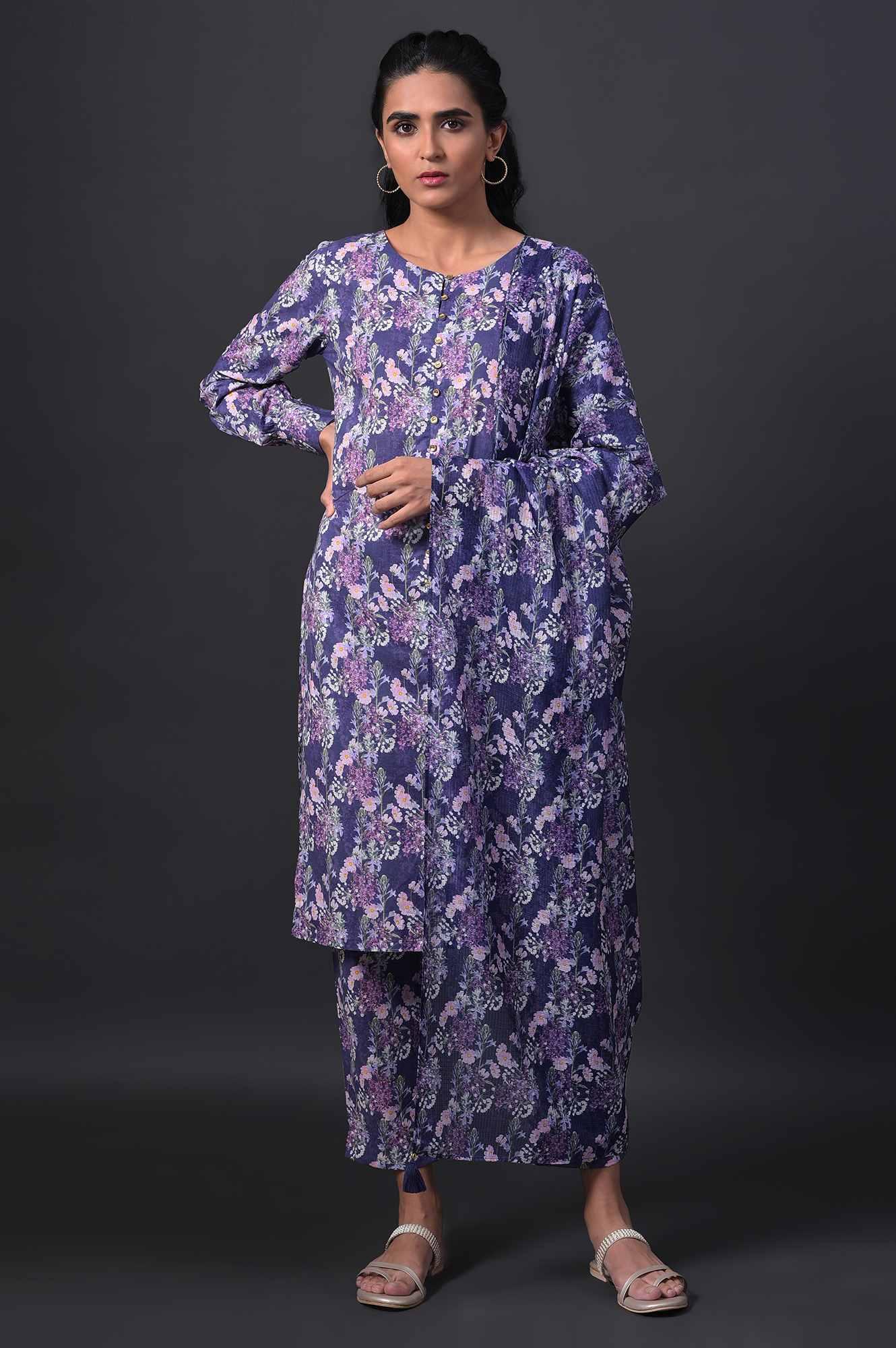 Blue Floral Printed kurta With Slim Pants And Kota Dupatta