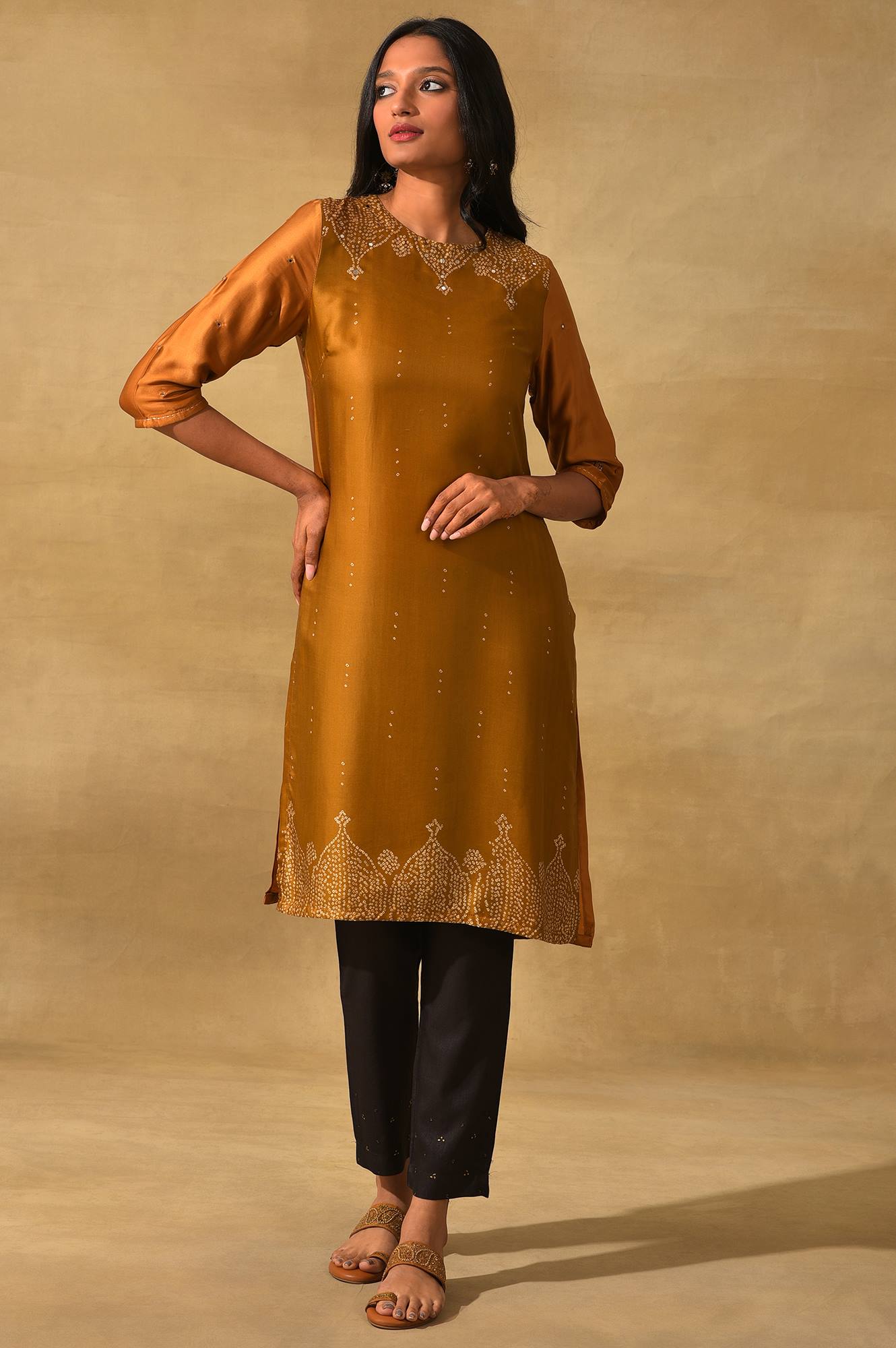 Mustard Printed Straight kurta In Lustrous Satin