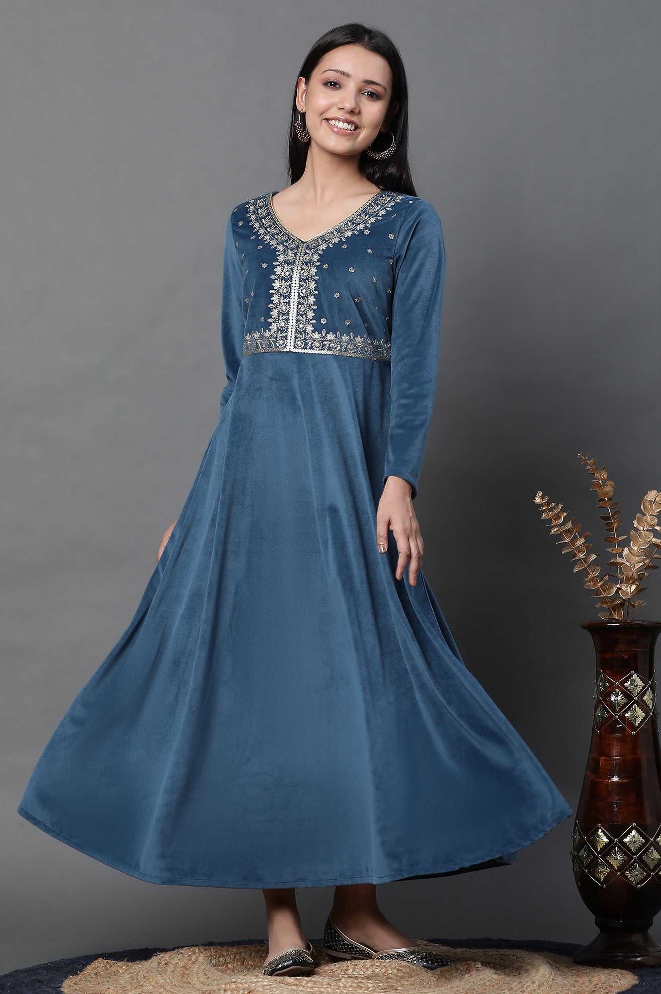 Blue Embroidered Velvet Winter Dress