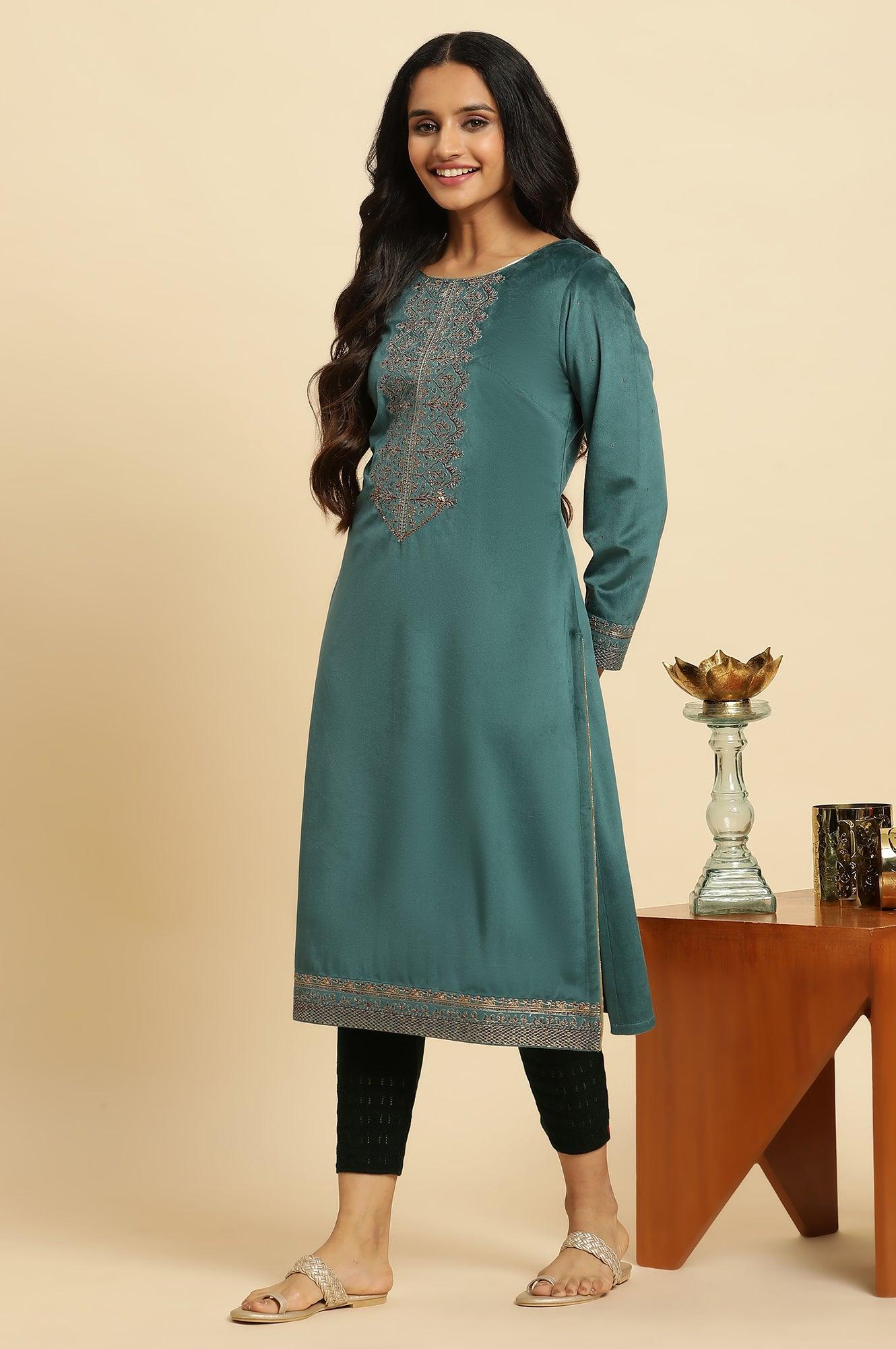 Teal Green Velvet Embroidered Festive Winter Kurta