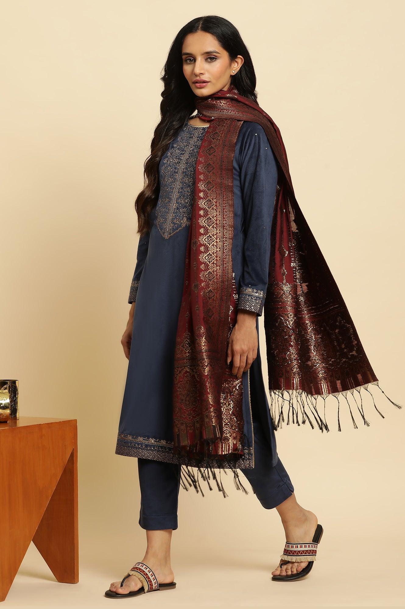 Blue Velvet Embroidered Kurta, Pants And Jacquard Dupatta Set