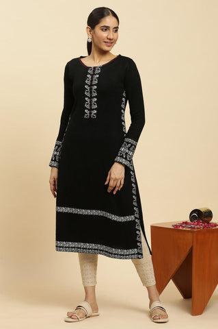 Black Embroidered Acrylic Winter Kurta And Tights Set