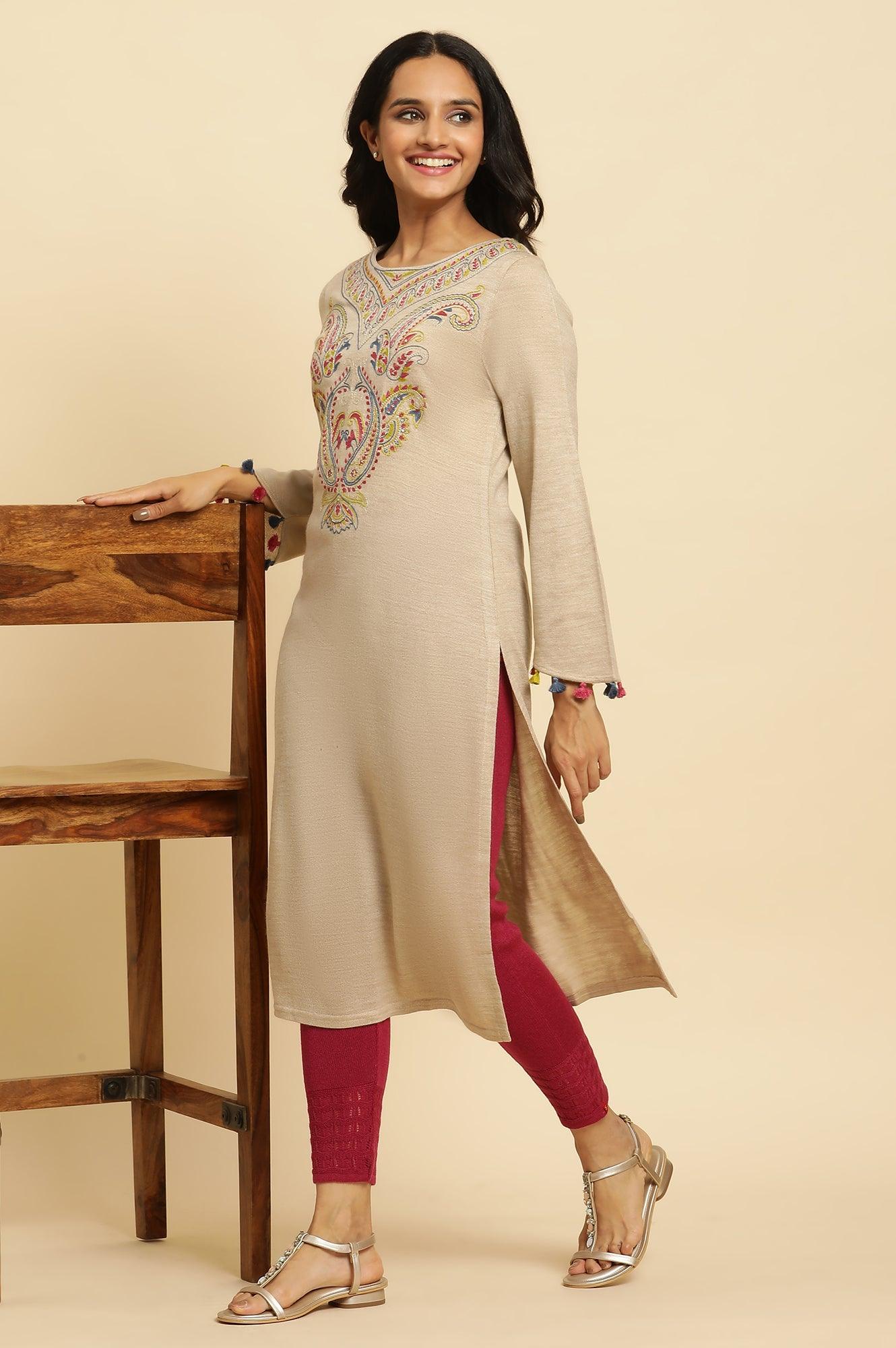 Beige Embroidered Winter Kurta And Tights Set