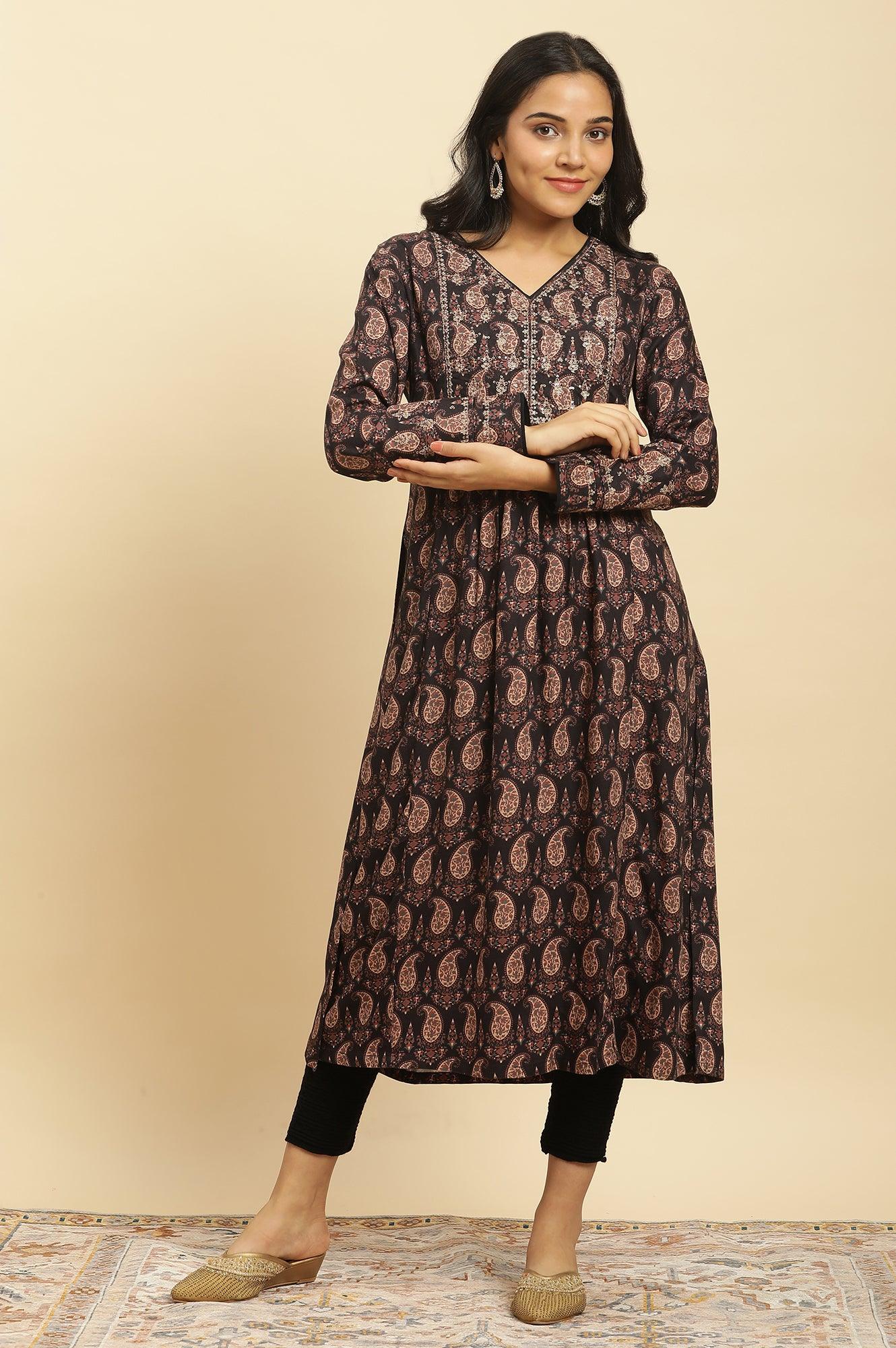 Black Paisley Printed Winter Kurta And Tights Set