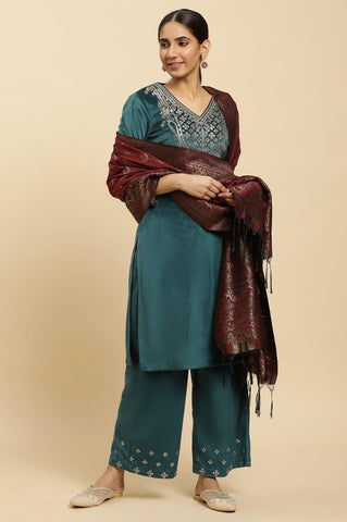 Blue Embroidered Velvet Winter Kurta, Pants And Shawl Set