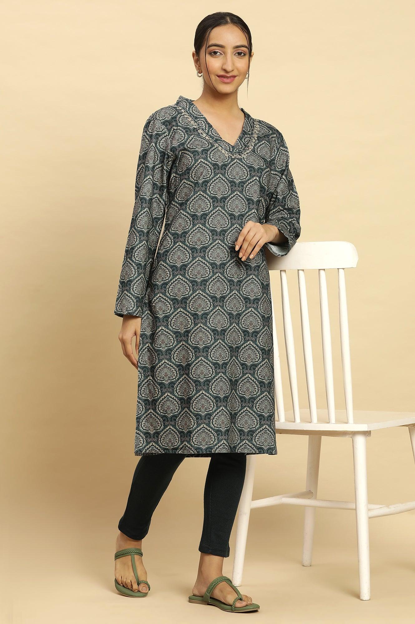 Green Printed Winter Kurta And Tights Set