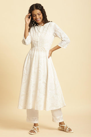 White Printed Flared Kurta And Pants Set