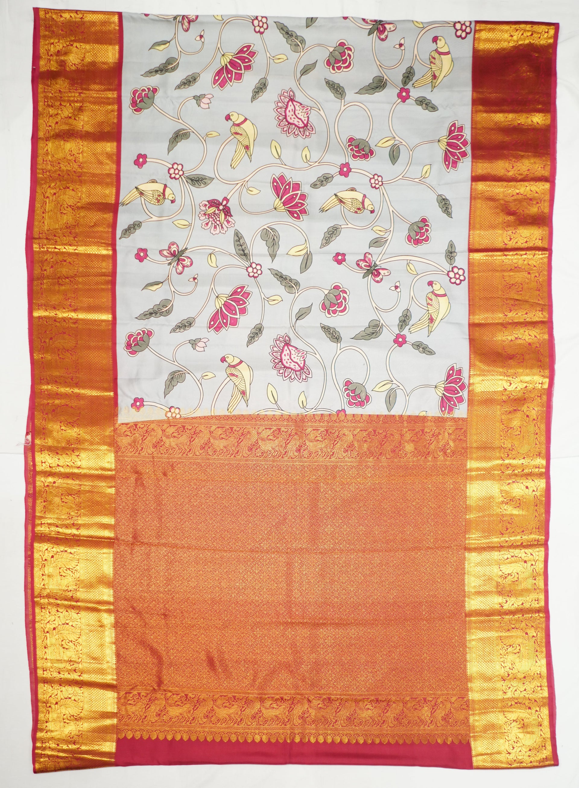 Grey Kanchi Handloom Saree With Kalamkari Design