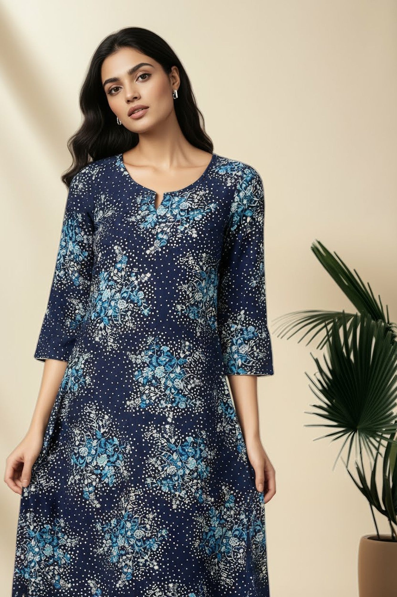 Blue Floral Printed Asymmetrical Kurta with Neck Metal Clasp