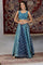 Blue Printed Zari Embroidered Crop Top, Brocade Flared Skirt and Dupatta Set
