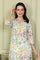 White Floral And Bird Printed Straight Kurta With Scalloped Neckline
