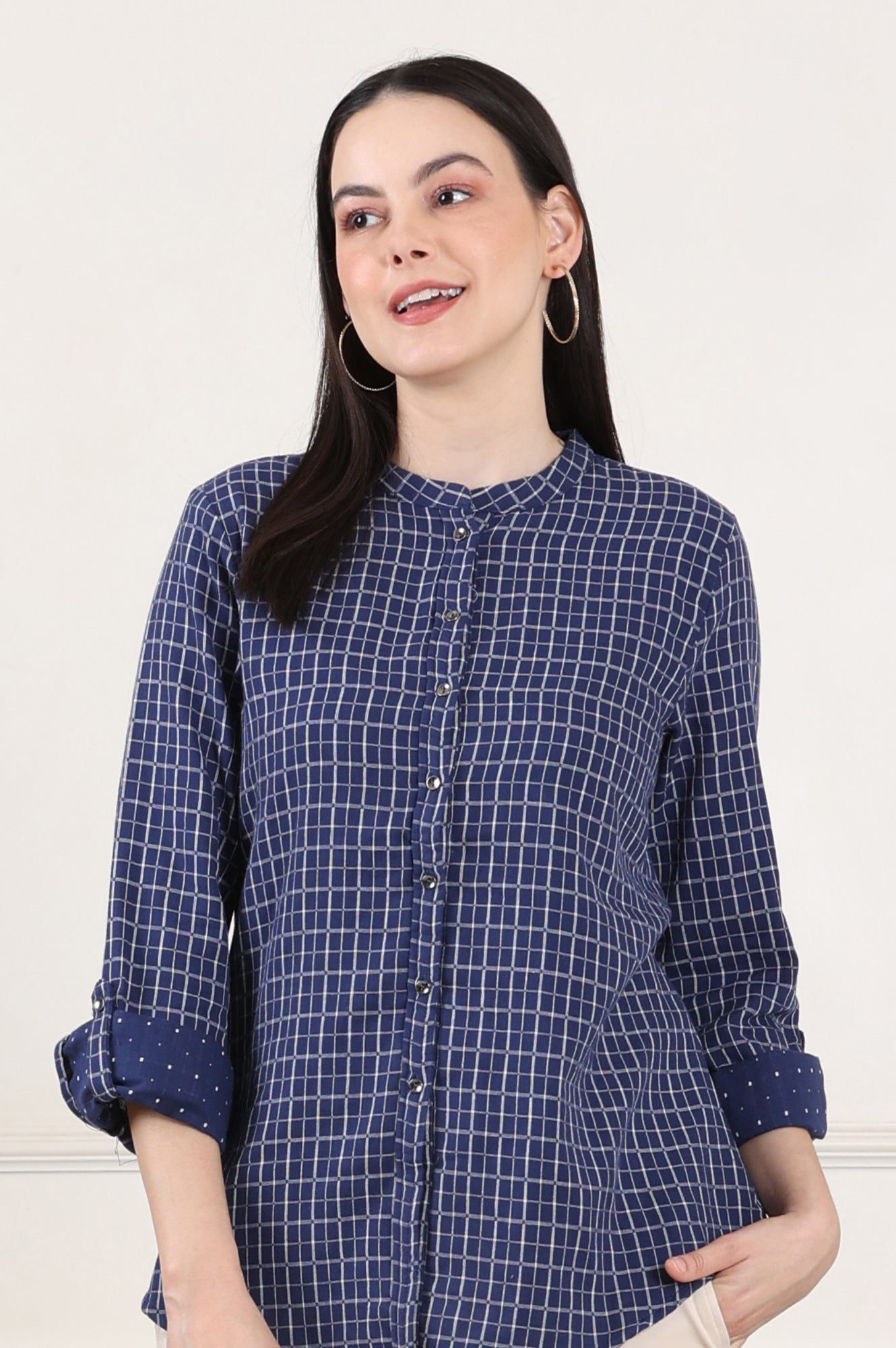 Blue Check Printed Pure Cotton Western Top