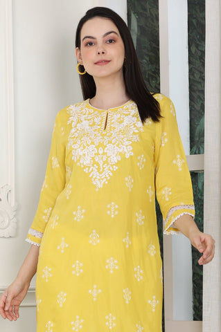 Yellow Floral Printed Dull Shantung Chikankari Straight Kurta
