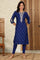 Navy Blue Glitter Paisley Printed Straight Kurta With Dori Embroidery On Yoke
