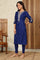 Navy Blue Glitter Paisley Printed Straight Kurta With Dori Embroidery On Yoke