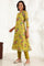 Celery Green Floral Printed Sequined Kota Flared Kurta, Slim Pants And Dupatta Set