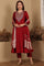 Red Embroidered Chanderi Flared Kurta, Slim Pants And Dupatta Set