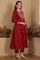 Red Embroidered Chanderi Flared Kurta, Slim Pants And Dupatta Set