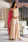 Gold Viscose Zari Embroidered Short Kurta, Flared Pants And Dupatta Set