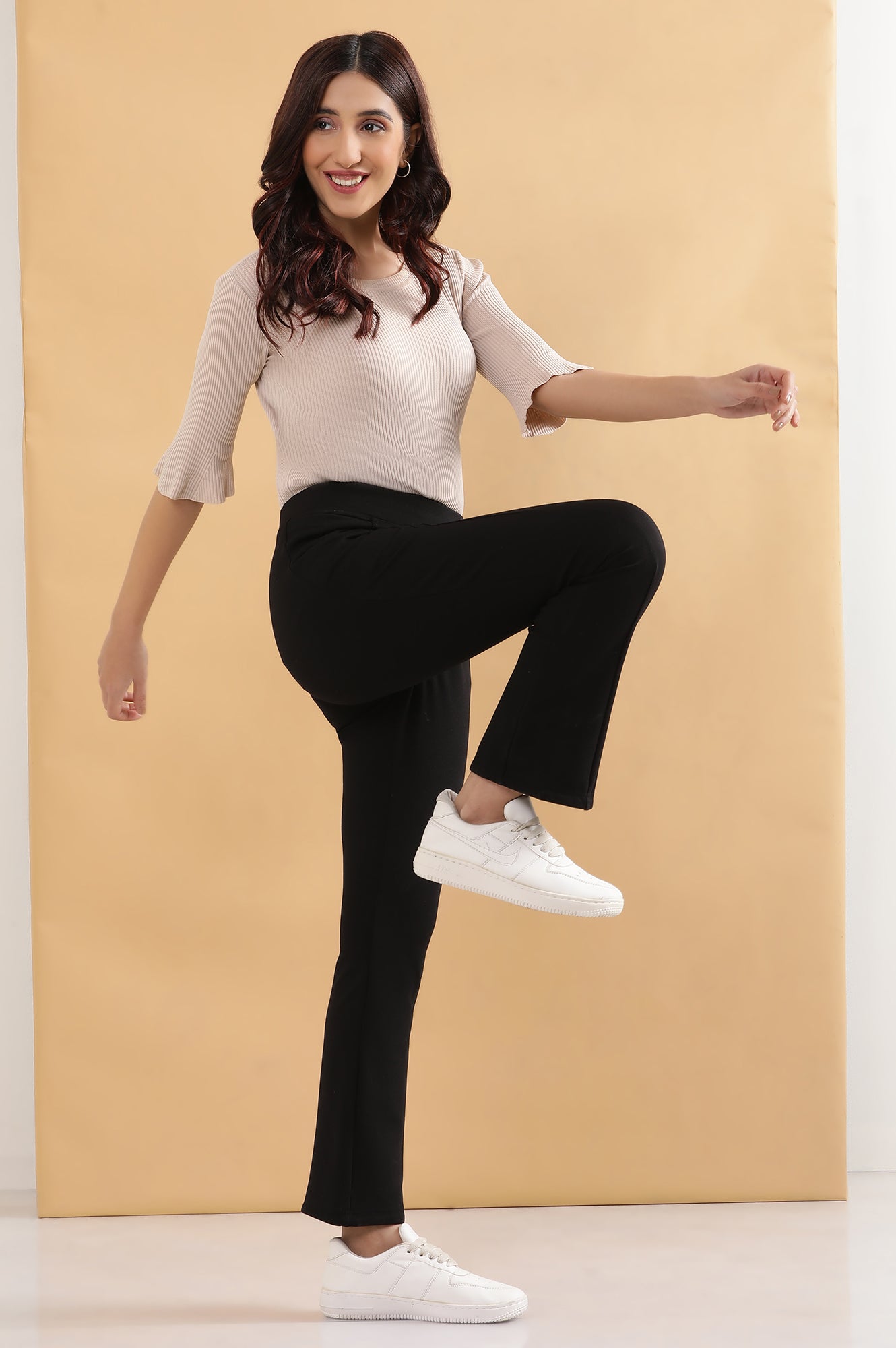 Black Solid Flared Pants With Elasticated Waist