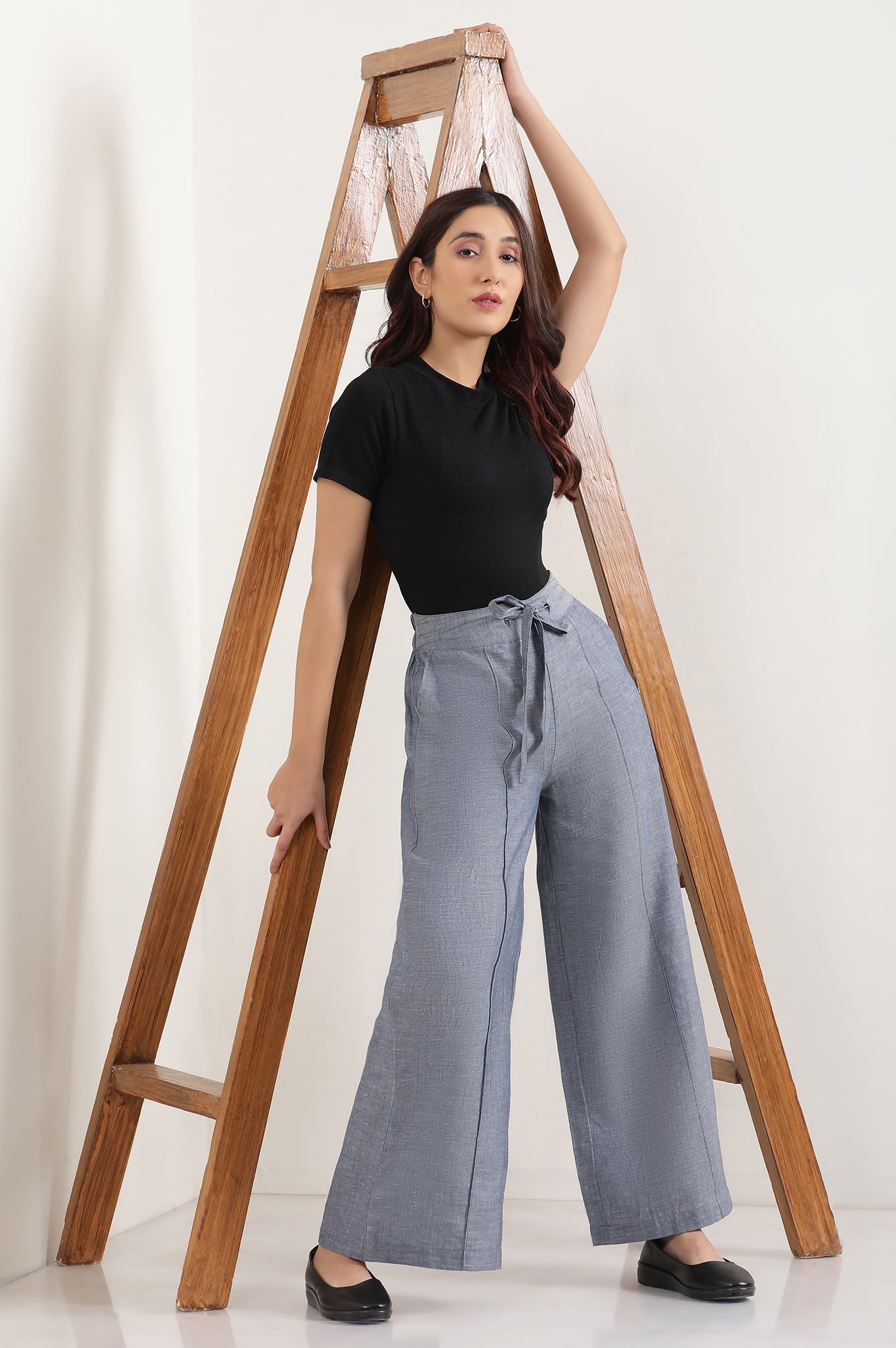 Blue Solid Flared Denim Pants With Tie Detail