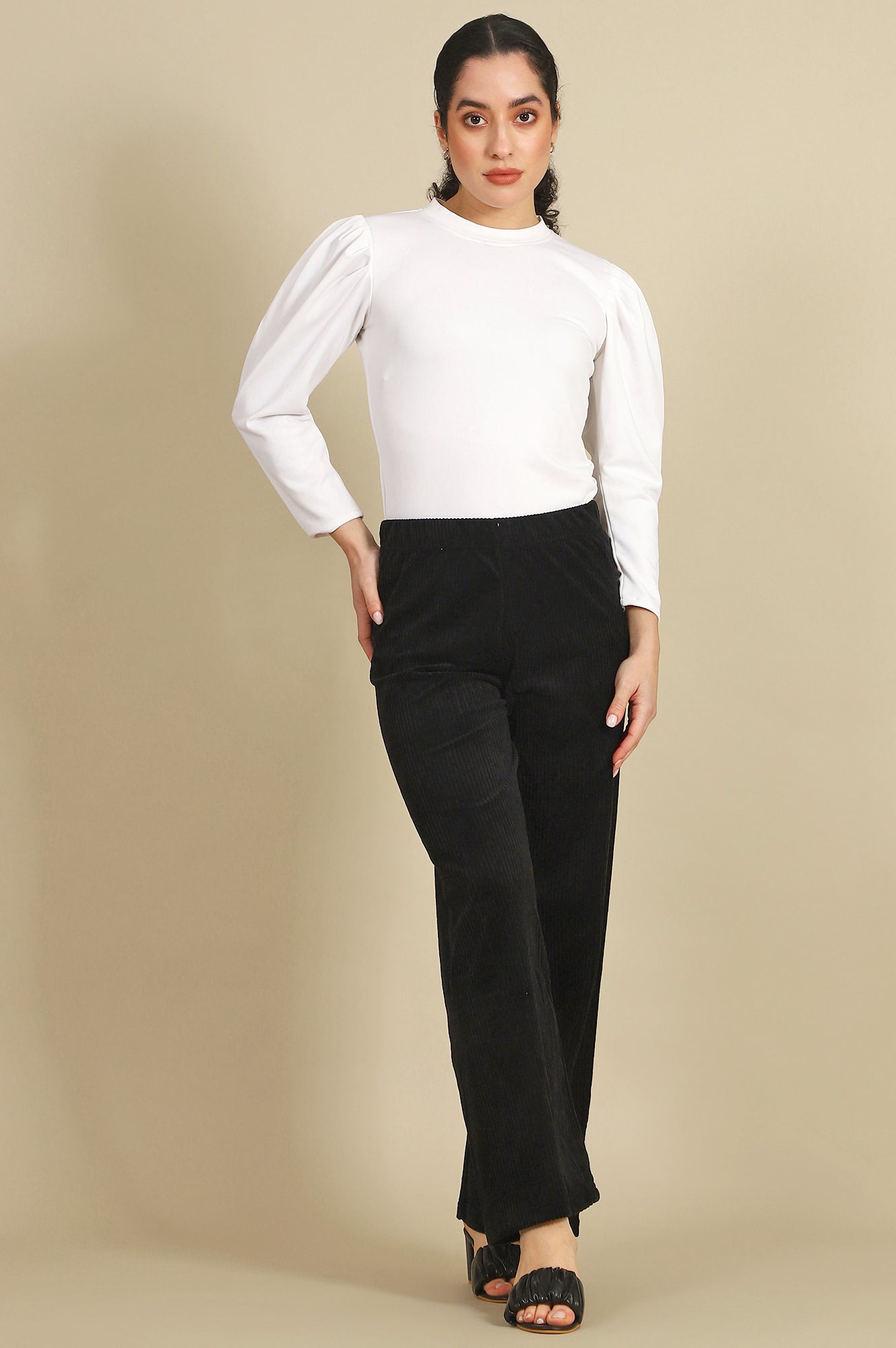 Black Solid Straight Fit Cotton Pants With Slip On Closure