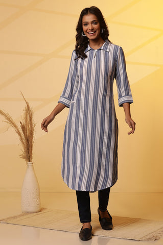 Blue and White Stripe Yarn-Dyed Casual Kurta