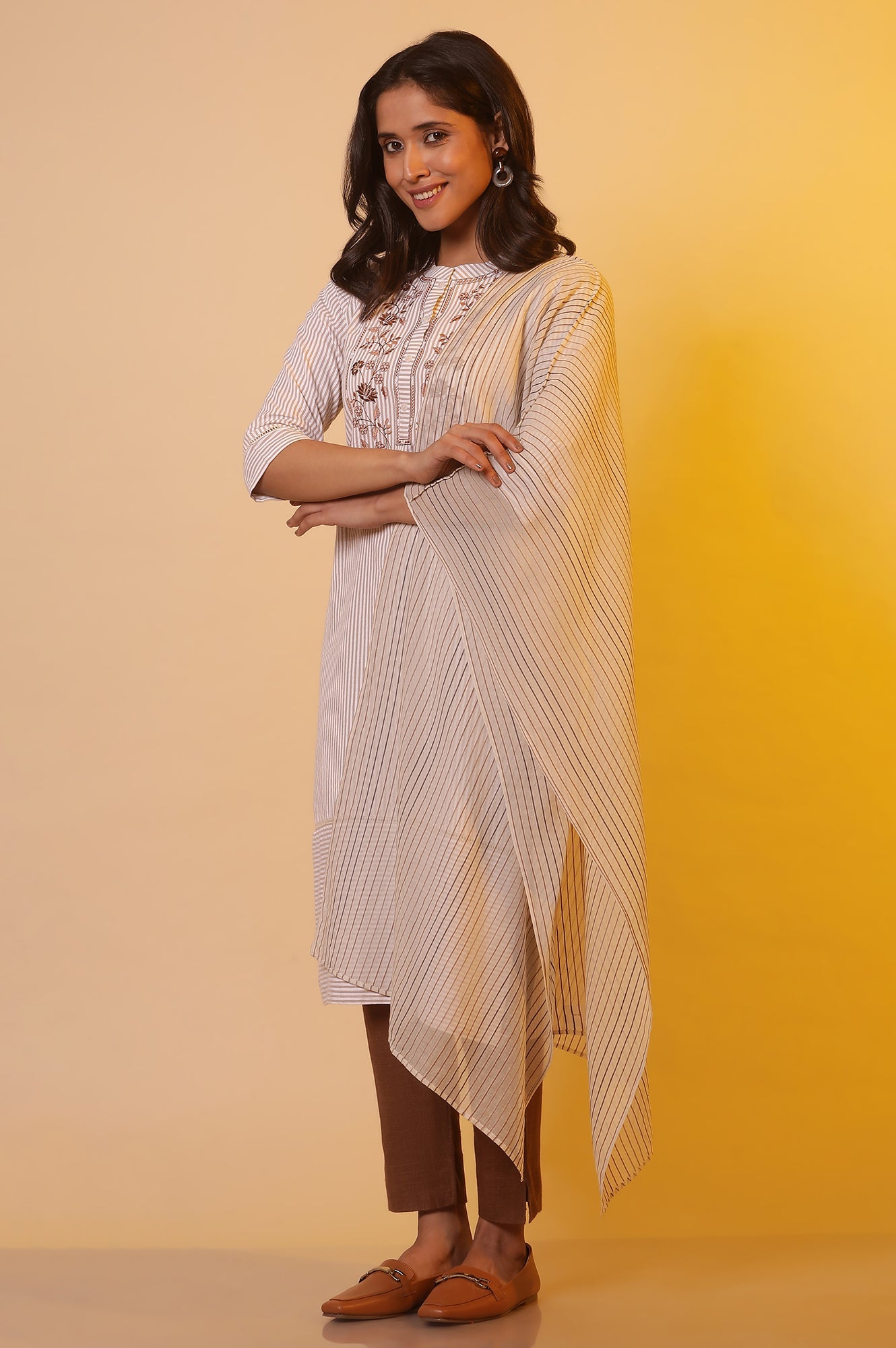 Beige Striped Cotton Dupatta