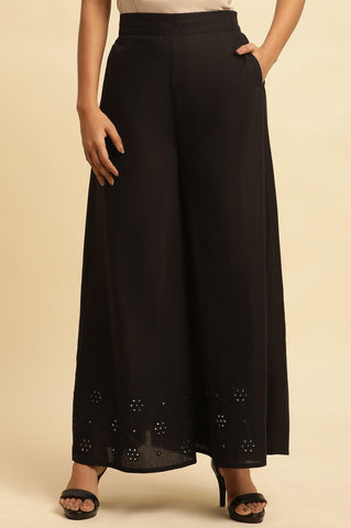 Jet Black Flared Culottes With Mirror Work