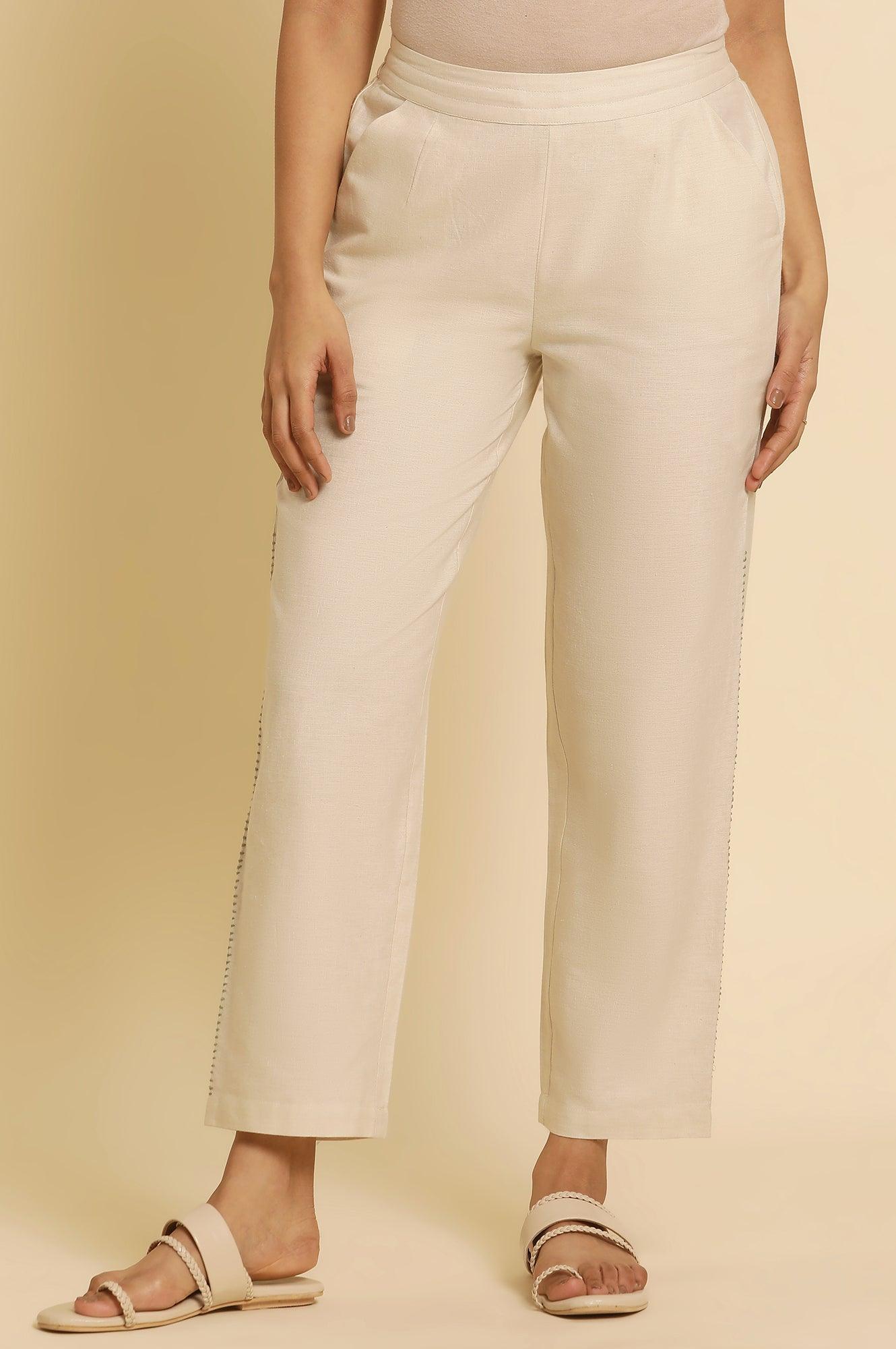 Off-White Cotton Flax Straight Pants