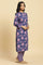 Navy Blue Floral Printed Kurta And Stripe Pants Set