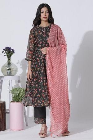 Dark Brown Panelled Printed Kota Kurta, Pants And Dupatta Set