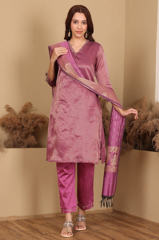 Purple Chanderi Lurex Stripe Embroidered Kurta, Pants Ad Dupatta Set