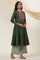 Green Yoke Embroidery Flared Kurta In Cotton Voile
