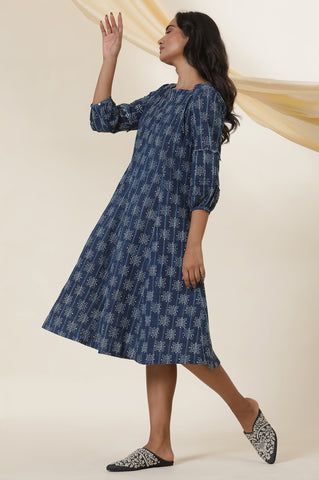 Indigo Dot Print Round Neck Flared Dress
