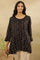 Black Printed Round Neck Flared Top In Lustrous Satin