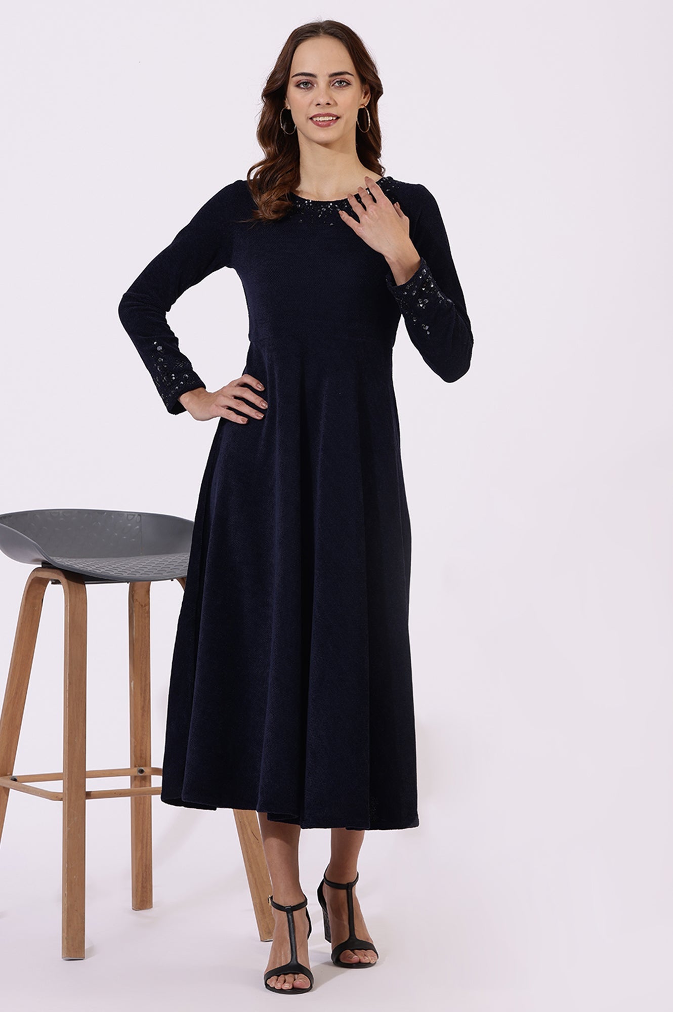 Blue Embroidered Sequins Flarred Dresses