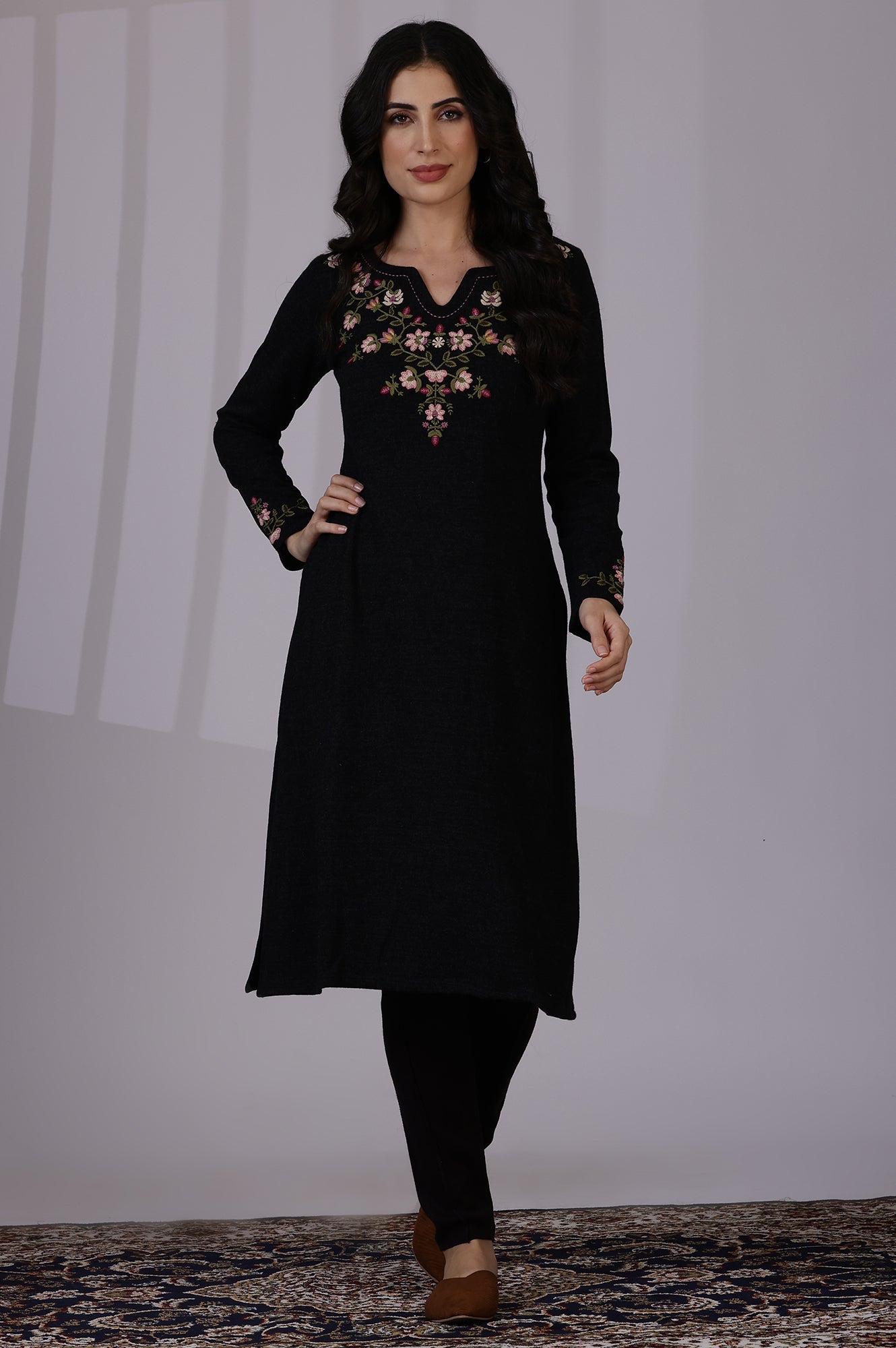 Grey Solid Thread Work Acrylic A-Line Kurta