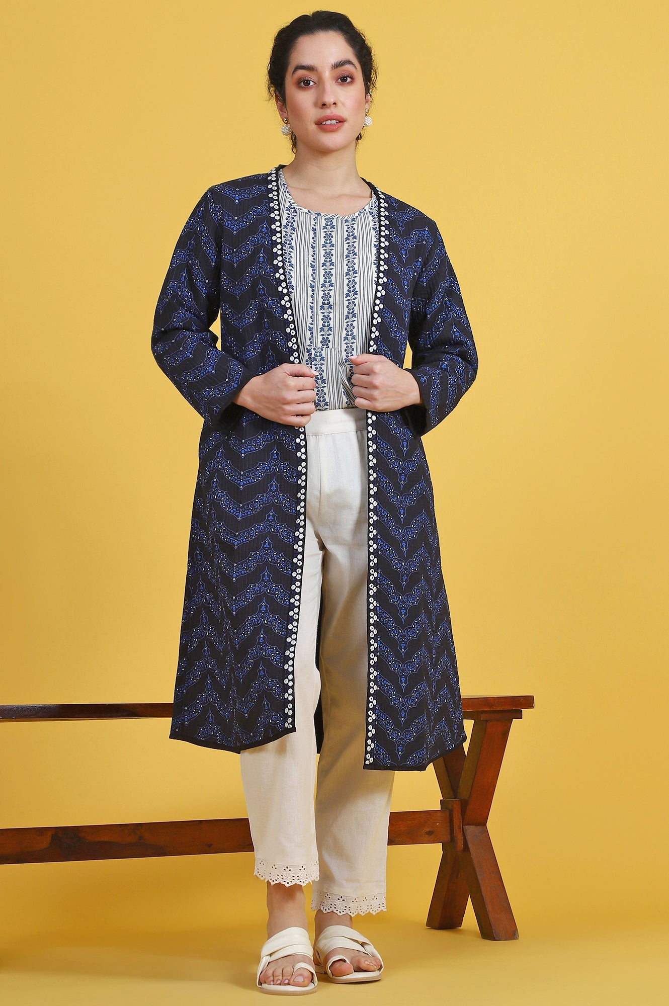 Blue Geometric Printed Rayon Straight Coat