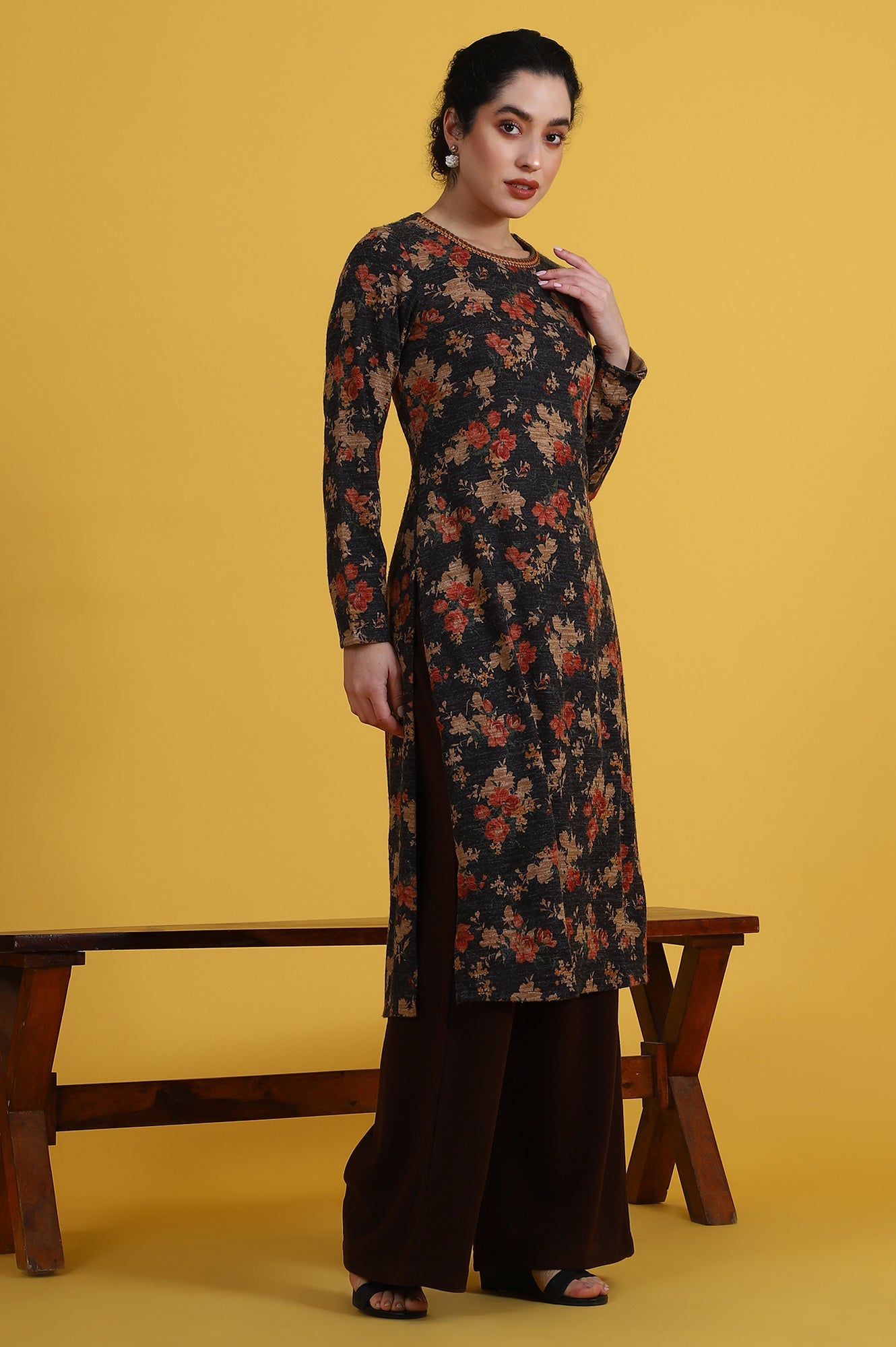 Brown Solid Cashmere Ankle Length Wide Leg Parallel Pants