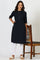 Navy Blue Mandarin Collar Cotton Blend Straight Kurta With W Branding