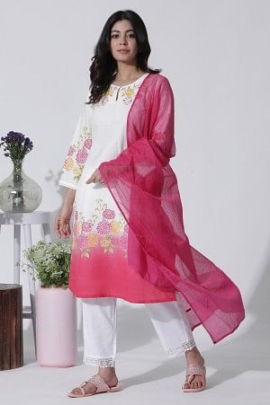 White & Pink Ombre Floral Printed Cotton Kurta, Straight Pants And Kota Dupatta