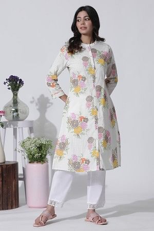 White Floral Printed Cotton Kurta And Straight Pants Set