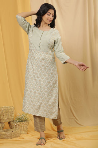 Green Printed Summer Kurta And Golden Pants