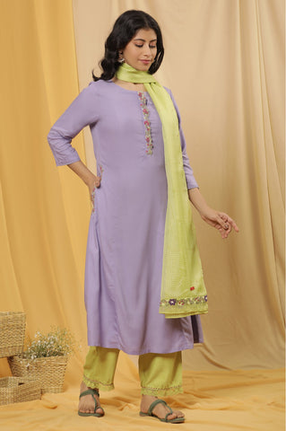 Voilet Embroidered A-Line Kurta, Pants And Dupatta Set