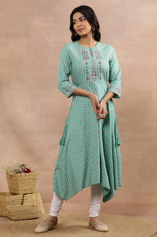 Green Asymmetrical Printed Kurta And Churidar Set