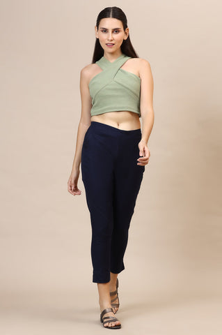 Blue Solid Slim Fit Cotton Flax Trousers