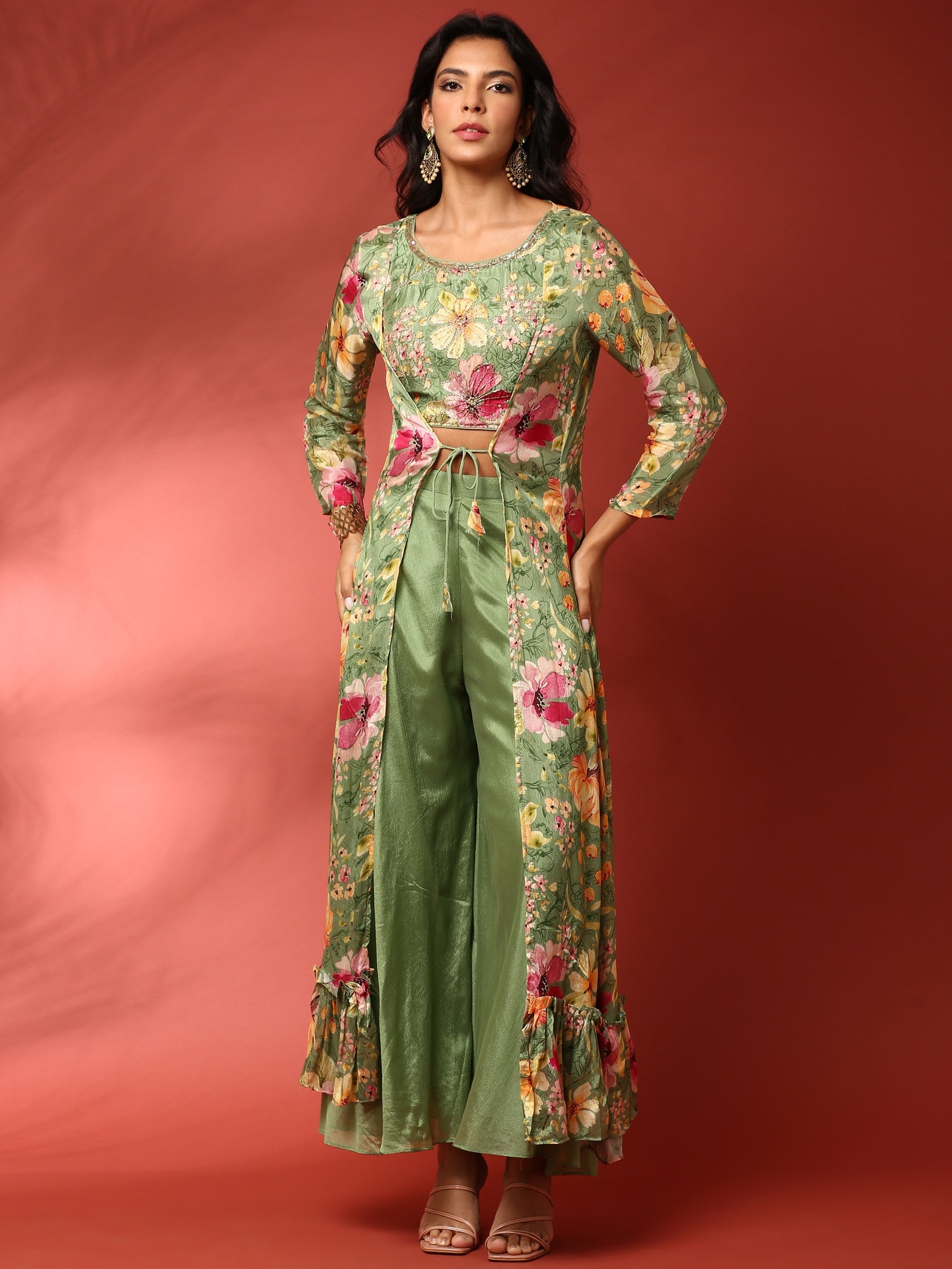 Green floral printed hand embroidered three piece jacket set